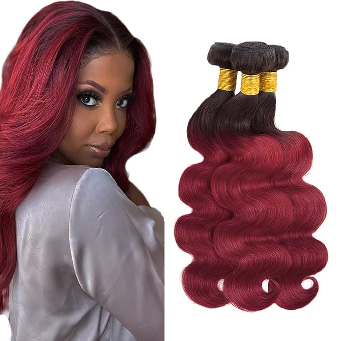 Ombre Human Hair Bundles 1B99J Body Wave Bundle Niegmeag Brazilian Virgin Remy Hair 3 Bundles 14 16 18 Inch 2 Tone Black and Burgundy Bundle 150g