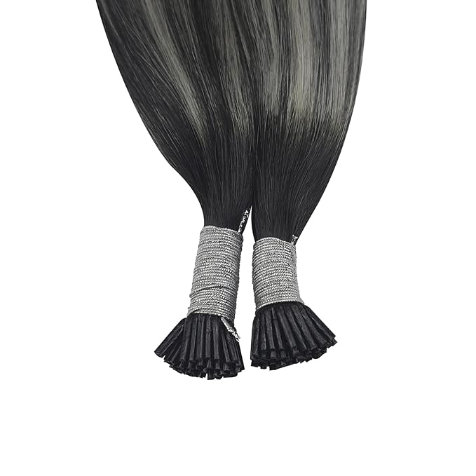 YoungSee I Tips Hair Extensions Ombre I Tip Hair Extensions Balayage Black with Silver Human Hair Extensions I Tip Balayage 20 Inch Itips Hair Extension Human Hair Silky Straight 50s 50g