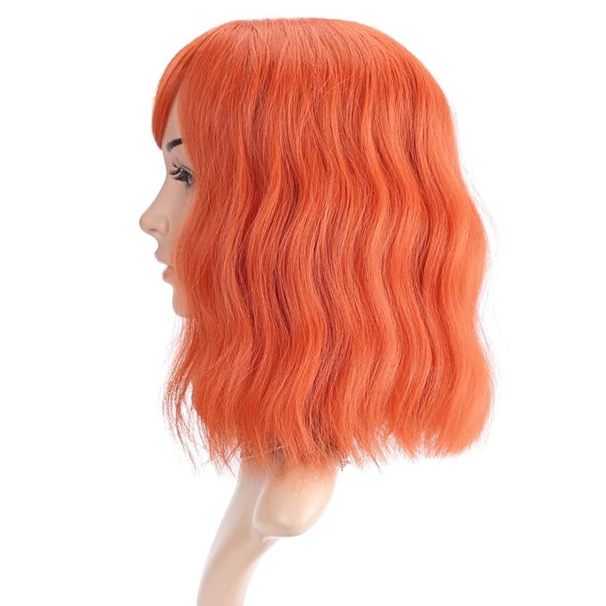 FAELBATY Short orange Wigs With Air Bangs Colorful wig Shoulder Length Women's Short Wig Curly Wavy Synthetic Cosplay Wig Orange Bob Wig for Girl Costume Wigs Orange Color 12"