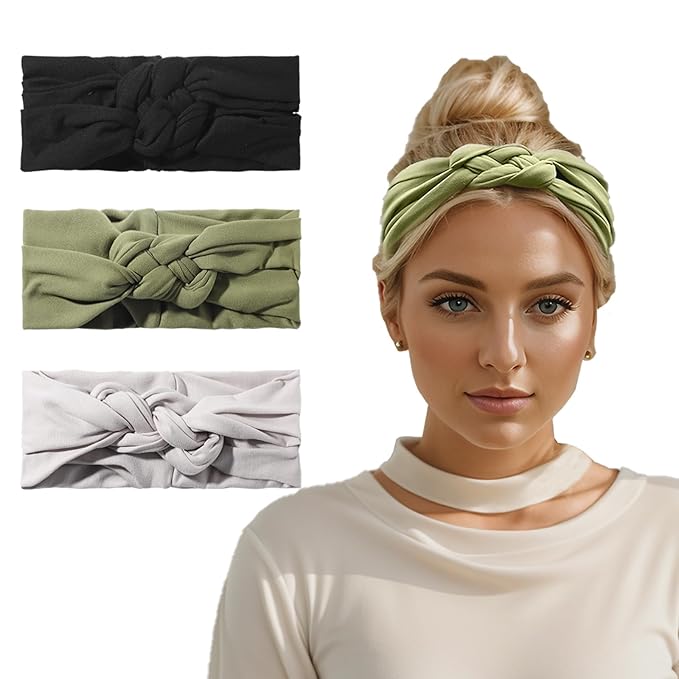 Vercret Headbands for Women Sailor Knot Headband Black Double Wide Elastic Adjustable Braided Hair Bands Non Slip for Girls Boho Stretchy Turban Headwrap Yoga Workout,Solid Color, 3Pcs