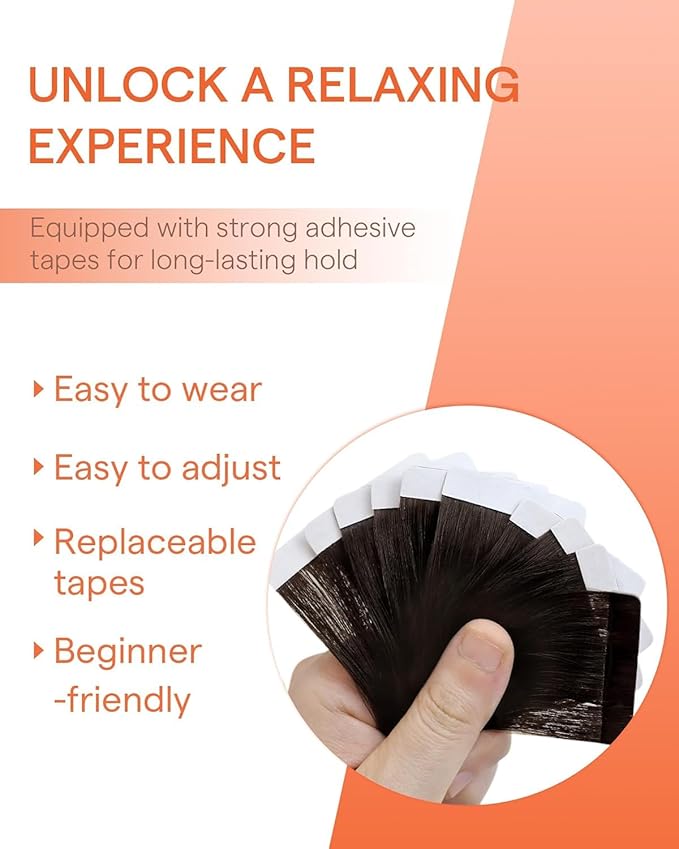 Sunny Hair Tape in Hair Extensions Real Human Hair Invisible Remy Hair Extensions Tape ins for Women Darkest Brown 20 inch 25G
