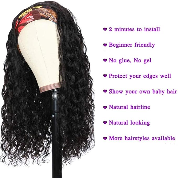 KLAIYI Headband Human Hair Wig Water Wave Curly Non Lace Front Wigs for Black Women Deep Wave Glueless Wear and Go Half Wig 30S Ready to Go Wig with Band Beginner Friendly 180% Natural Hairline 24Inch