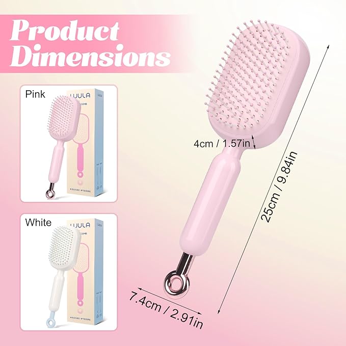 Self Cleaning Hair Brush, Retractable Cushion Massage Comb,Air Cushion Comb,Easy Clean,One-pull Clean Anti Static Brushs, Hairs Styling Tools for All Hairs Types (Pink)