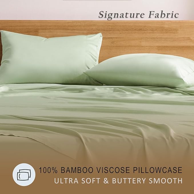TOSMO Luxury Pillow Case Set of 2 - Cooling Viscose Derived from Bamboo, Oeko-TEX, Breathabl Silky Soft Pillow Cases with Envelope Closure (Queen, Light Green)