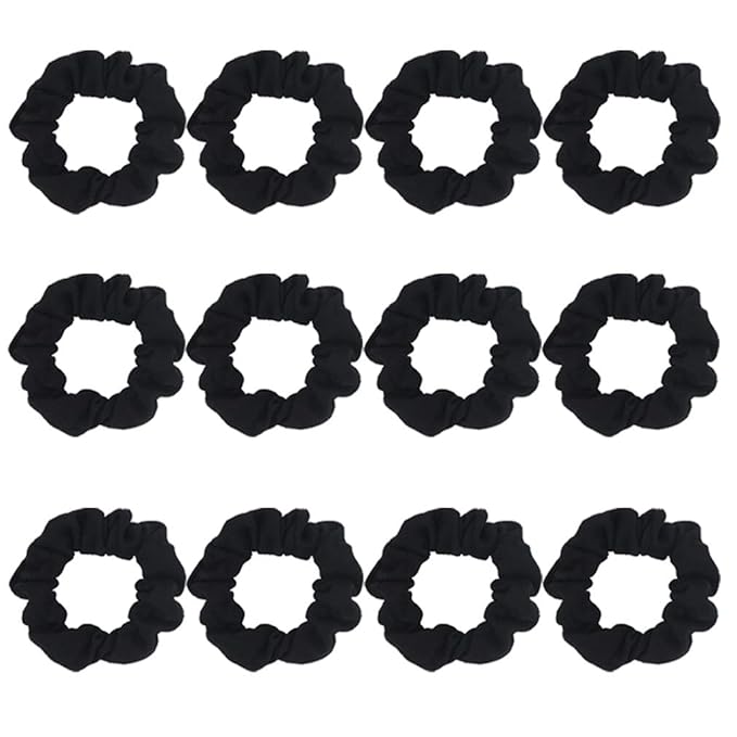 Pack of 12 Cotton Hair Scrunchies Single Jersey Solid Color Ponytail Holders Hair Ties for Girl (Black)