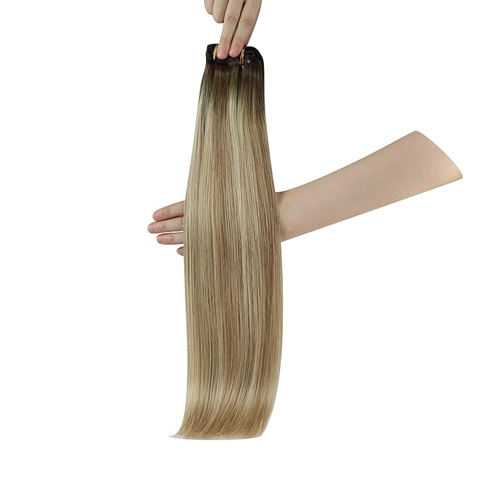YoungSee Human Hair Clip in Extensions Balayage Clip in Human Hair Extension Walnut Brown Ombre Light Brown with Blonde Invisible Clip in Hair Extensions 24Inch 120G 7Pcs