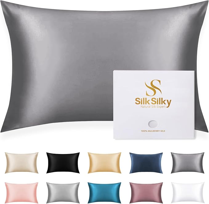 SilkSilky 100% Mulberry Silk Pillowcase - Pure 22 Momme High-Grade 6A Fibers for Hair & Skin, Envelope Closure, Natural, Organic, Breathable & Cooling Pillow Case (King, Dark Gray)
