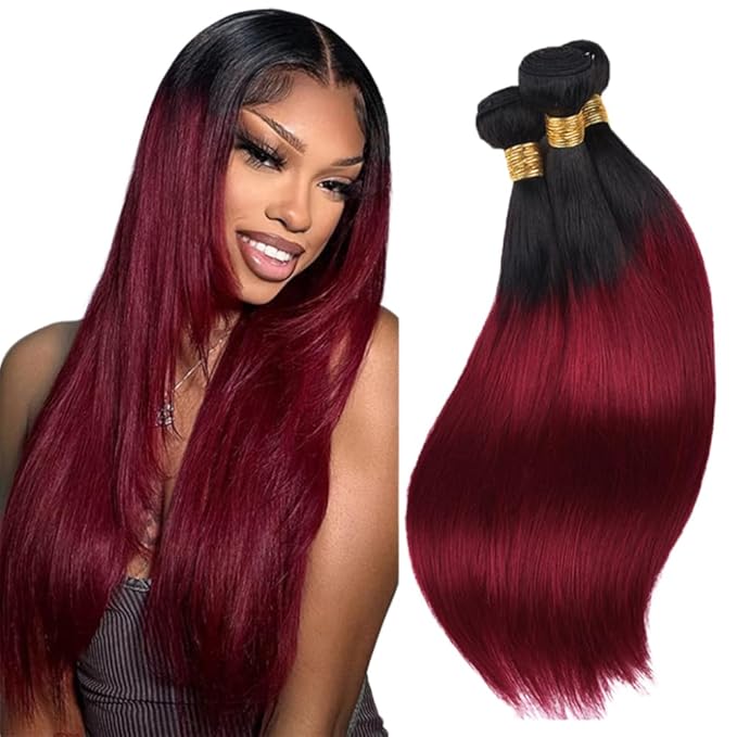 Ombre Human Hair Bundles 1B99J Straight Bundle Niegmeag Brazilian Virgin Remy Hair 3 Bundles 24 26 28 Inch 2 Tone Black and Burgundy Straight Bundle 150g