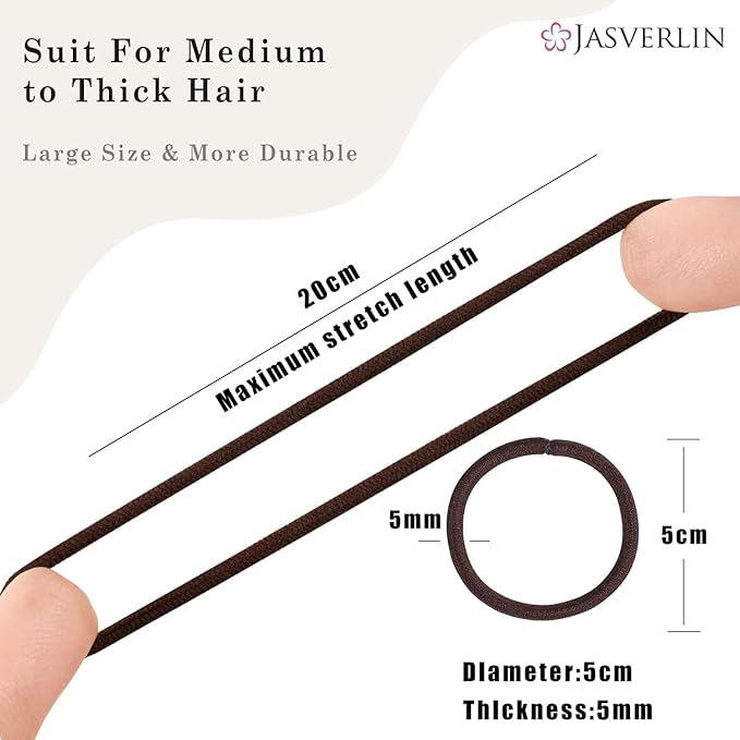 Brown Thick Large Hair Elastics Ties, Damage-free Ponytail Holder No Breakage Hair Ties Bands for Women’s Curly Texture, Stretchy Styling Accessories 5mm 48 Pcs