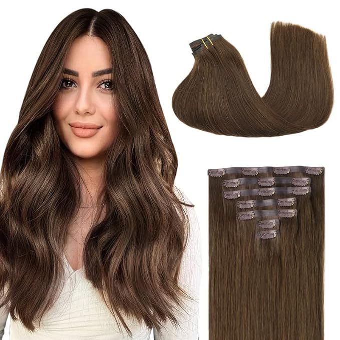 GOO GOO Clip in Hair Extensions Real Human Hair, Remy Human Hair Extensions Clip ins for Women, Natural Human Hair, 20inch 110g 7Pcs, 4A Chocolate Brown