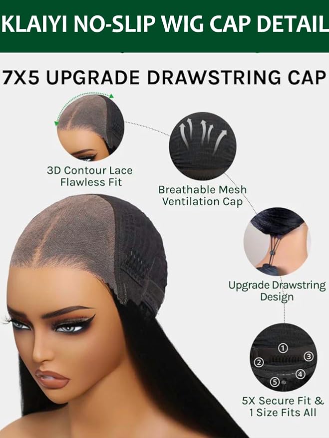 KLAIYI Bye Bye Slip™ Water Wave 7X5 Precut Lace Front Human Hair Wig Drawstring Glueless 3S Ready to Wear and Go Wig with Baby Hair Pre Plucked Bleached Bye Bye Knots Curly Wig 180%Density Full 28Inch