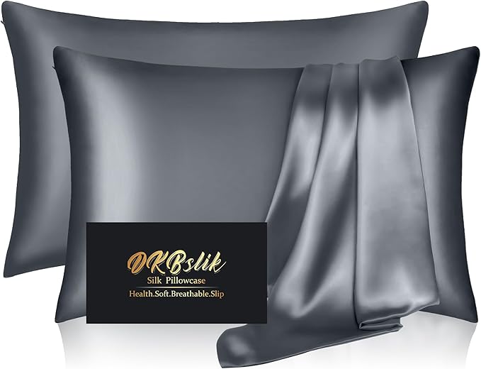 Silk Pillowcase 2 Pack, Mulberry Silk Pillow Cases Queen Size Set of 2, Anti Acne Silk Pillowcase for Hair and Skin, Natural Silk Satin Pillowcases for Sleeping Women 2 Pack with Zipper, Space Grey