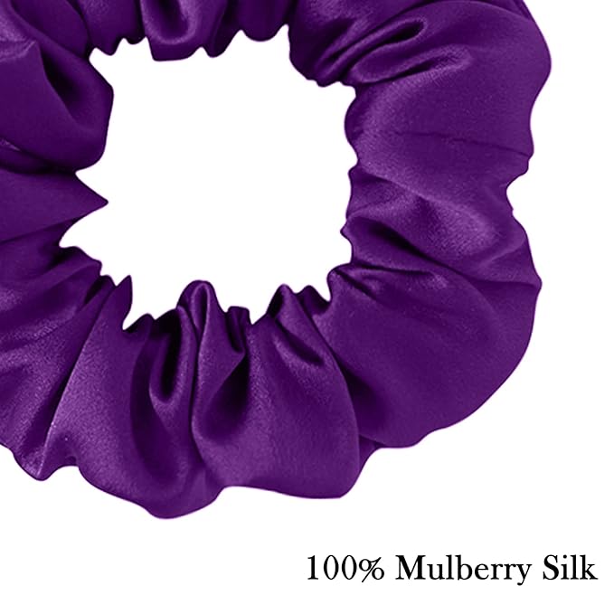 Large Silk Hair Scrunchies, 100% Mulberry Silk, No Damage for Frizz Prevention, Sleep and Night Scrunchie, Hair Accessories for Women - 3 Count (Violet, Metallic Gray, Light Blue)