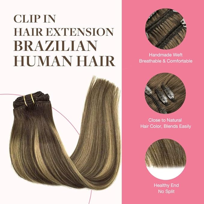 GOO GOO Clip in Hair Extensions Real Human Hair, Remy Human Hair Extensions Clip ins for Women, Natural Human Hair, 22inch 150g 9Pcs, 4/27/4 Balayage Chocolate Brown to Caramel Blonde