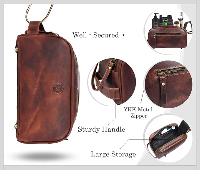 Leather Toiletry Bag for Men | Grooming Travel Kit | With Waterproof Lining | By Aaron Leather (Dark Brown)