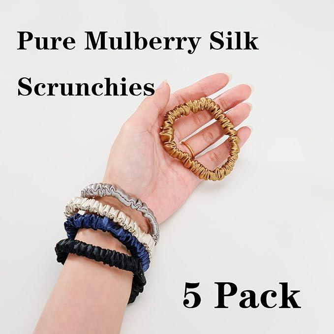 Silmer Silk Scrunchies Silk Hair Ties 100% Mulberry 5 Pack(Caramel,Dark Grey,Champagne Gold,Navy Blue,Black)