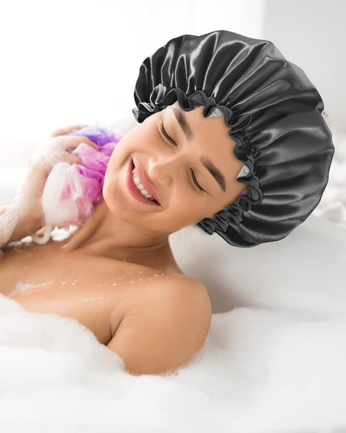 Aquior Shower Caps, Reusable Shower Cap for Women, Double Layer Waterproof Hair Cap, Large Size for All Hair Lengths,for Girls Spa Home Salon Use (Black)