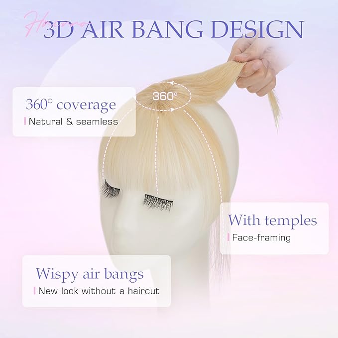 Hairro Clip On Bangs Human Hair Bangs Hair Clip In Bangs 3D 360°Cover Topper With Bangs Wispy Air Bangs Hair Pieces Fake Bangs For Women 8 Inches 10g #613 Light Blonde