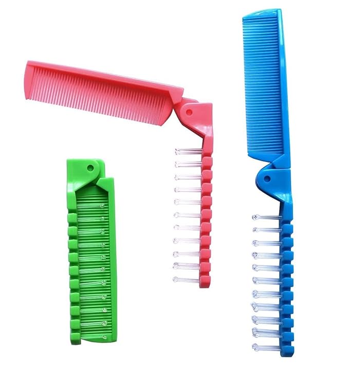 3pcs Hair Brush Set - Folding Travel Brush, Fine Tooth Pocket Comb, Massage Head & Baby Braiding Brush for Kids and Adults in Green/Pink/Blue
