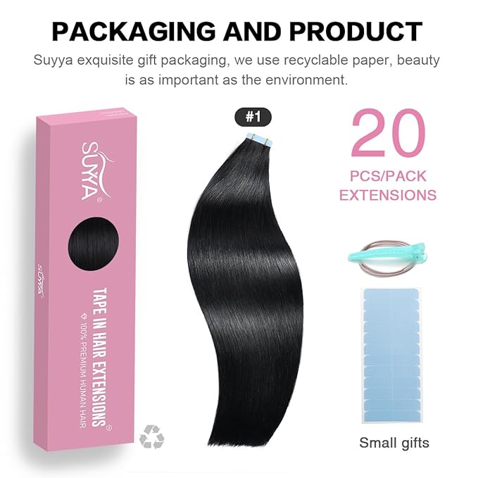 SUYYA Tape in Hair Extensions Black 100% Real Human Hair 20pcs 40g/pack Straight Seamless Skin Weft Tape Hair Extensions Jet Black Hair(14 Inch, #1 Jet Black)