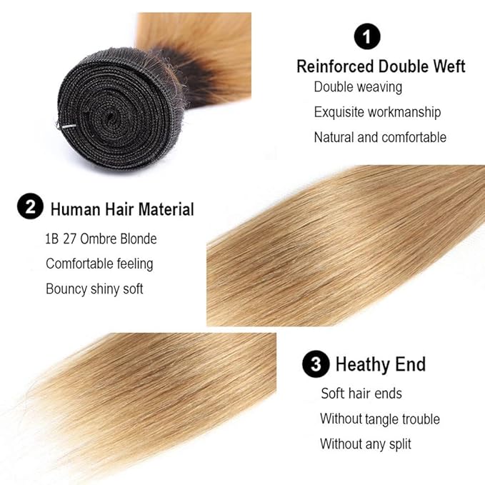 Blonde Bundles Human Hair Ombre Straight Bundle Niegmeag Brazilian Virgin Remy Hair 3 Bundles 24 26 28 Inch 2 Tone Black and Honey Blonde Straight Bundle Double Weft Hair Weave 300g