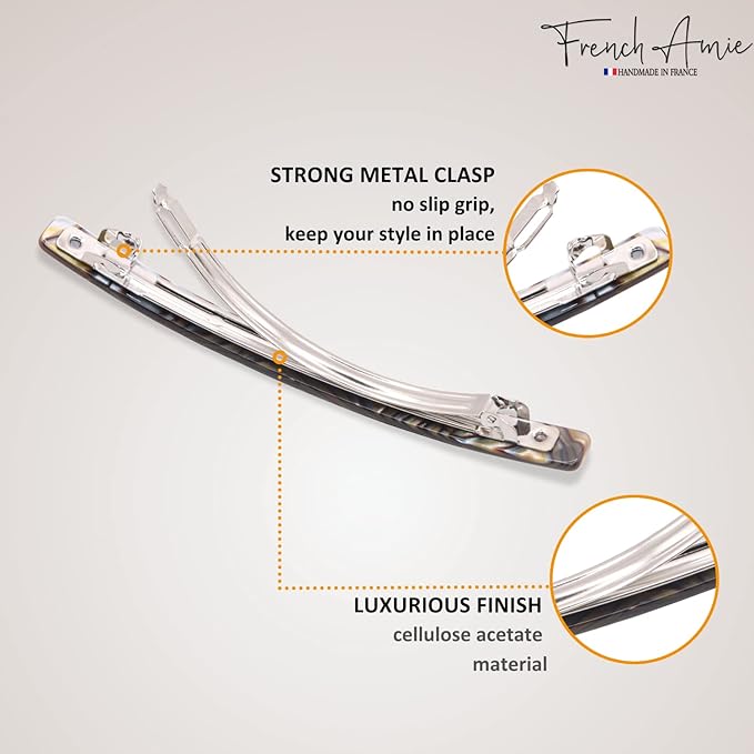 French Amie Long and Thin Large 4" Celluloid Automatic Handmade Hair Clip for Girls Strong Hold No Slip Grip Hair Claw Clips for Women, Made in France (Onyx)