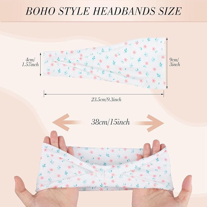 obeoby Boho Headbands for Women, 8 Pack Pink Floral Printed Headbands Non Slip for Girls Valentines Day Outfit Wide Headband for Daily Use Yoga Running
