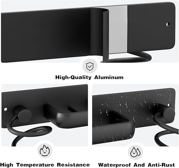 hicorfe Hair Dryer Holder 3 in 1 Hair Tool Organizer,Blow Dryer Holder Wall Mounted,Bathroom Bedroom Hair Care Styling for Flat Iron,Curling Iron,Hair Straightener （Black）