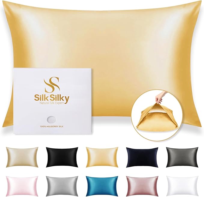 SilkSilky 100% Mulberry Silk Pillowcase - Pure 22 Momme High-Grade 6A Fibers for Hair & Skin, Envelope Closure, Natural, Organic, Breathable & Cooling Pillow Case (Standard, Champagne)