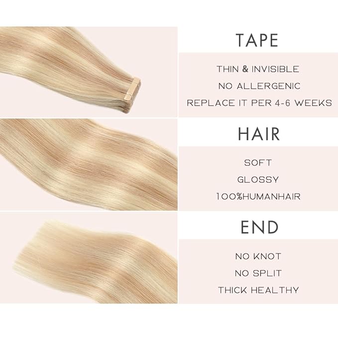 Tape in Hair Extensions Straight Double Sided Remy Ash Blonde Highlighted Bleach Blonde 22 Inch 20pcs Invisible Tape in Hair Extensions Human Hair (P18K/60#,22 Inch)