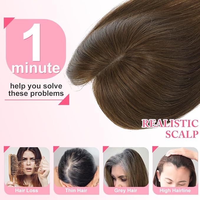 Hair Toppers for Women Real Human Hair Topper for Women with No Bangs Hairpieces Comfortable and Breathable 10 Inch Swiss Base 3D 360°Cover Glue-free and Shedding Free (Medium Brown)