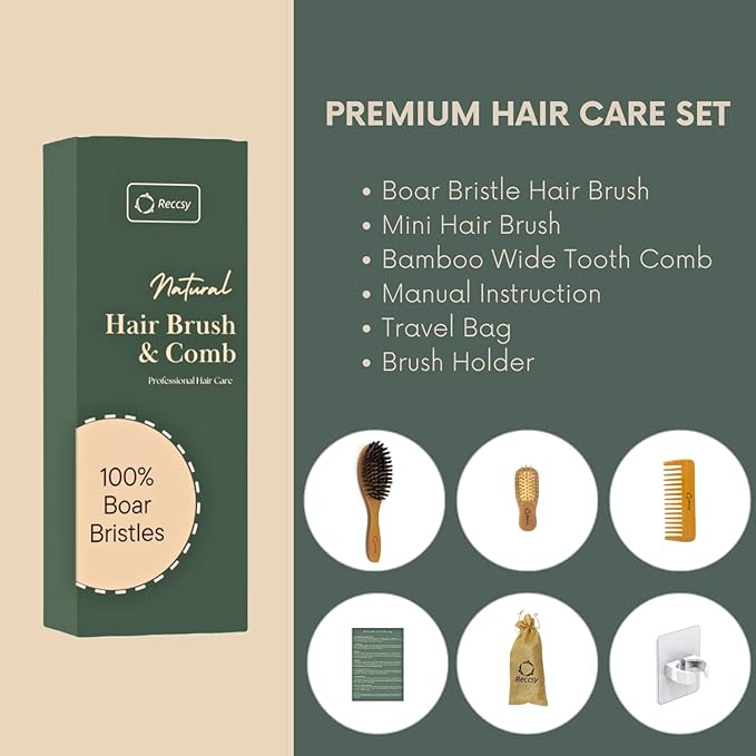 Boar Bristle Hair Brush Set For Women-100% Natural Boar Bristle Brush+Small Travel HairBrush+Bamboo Wide Tooth Comb For Fine And Thin Hair Smoothing Massaging Detangling. Restore Shine And Texture.