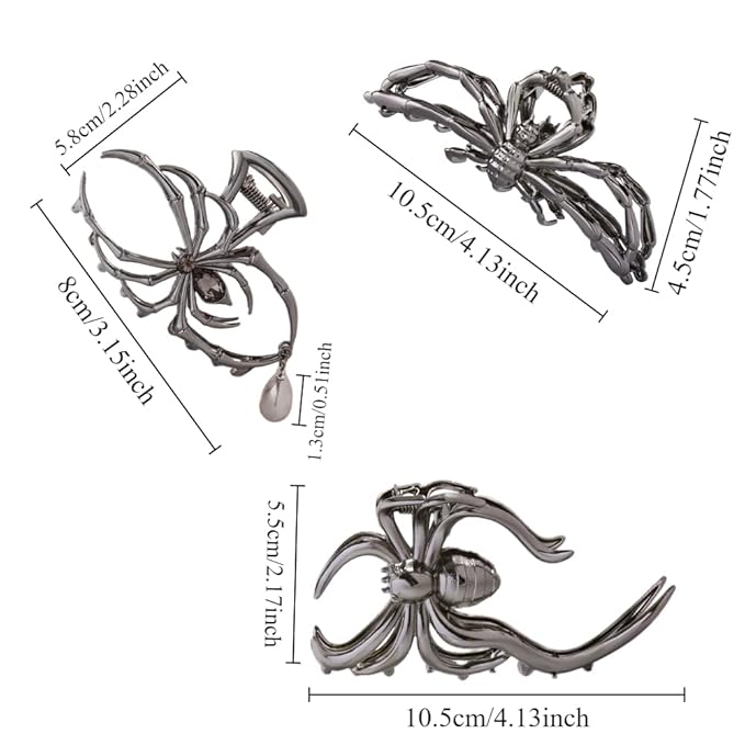 Halloween 3PCS Spider Hair Claw Clips Hair Accessories for Women Girls, Gothic Black Metal with Pearl Charms Large Medium Size Catch Clips for thick Hair Styling Tool Holiday Gifts(Black Gun)