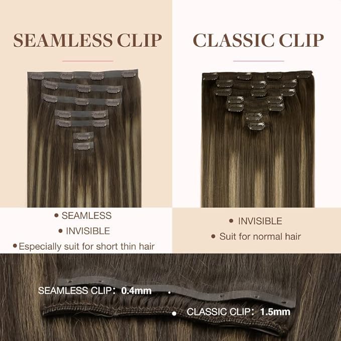 GOO GOO Clip in Hair Extensions Real Human Hair, Remy Human Hair Extensions Clip ins for Women, Natural Human Hair, 20inch 110g 7Pcs, 4/26/4 Balayage Chocolate Brown to Honey Blonde