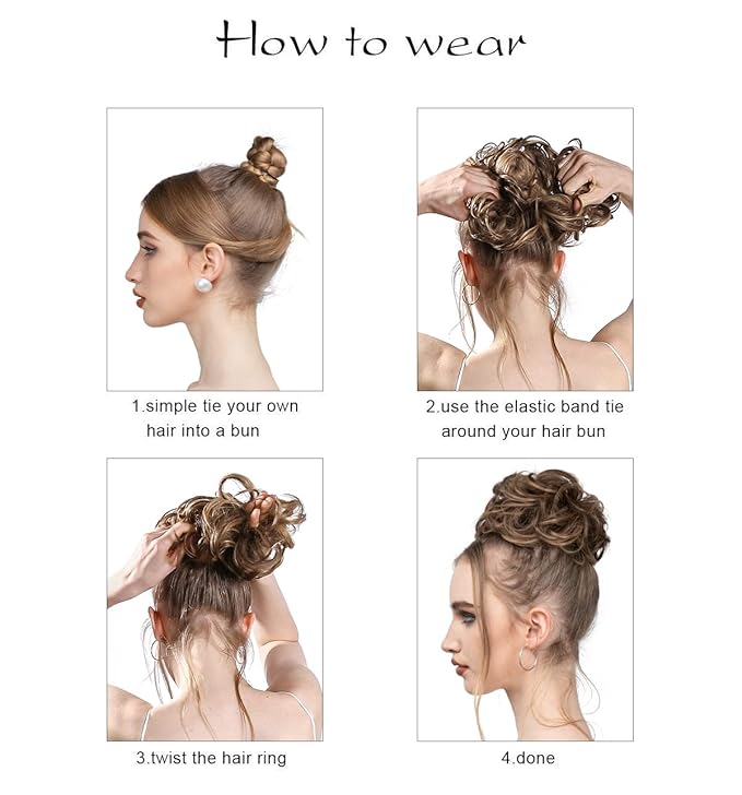 SARLA 2PCS Messy Hair Bun Hair Pieces Wavy Curly Synthetic Updo Fake Scrunchies Ponytail Extension for Women Bahama Beige