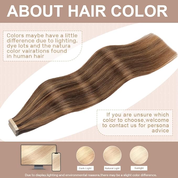 Human Hair Tape in Extensions Brownish Brown to Brownish Yellow 20 Inch Invisible Tape in Hair Extensions Human Hair for Women Hair Extensions Real Human Hair Tape in
