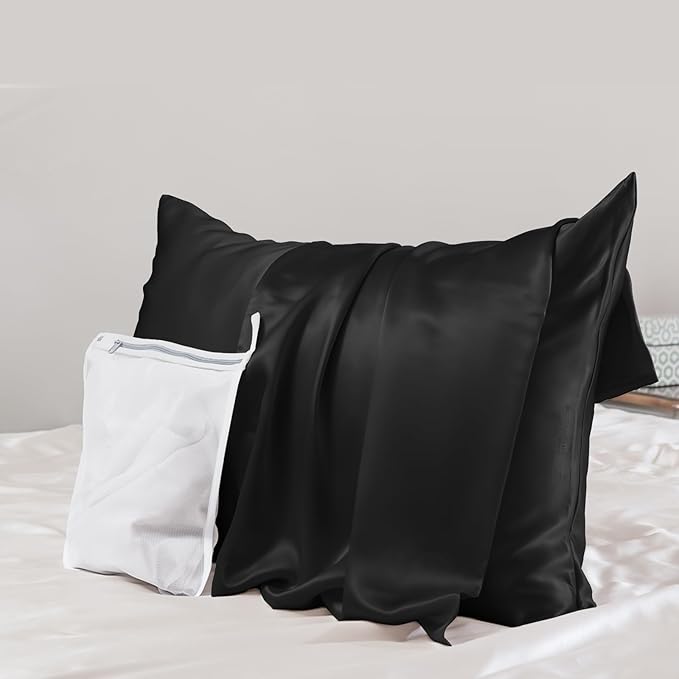 PROMEED Upgraded Grade 6A+ Black Silk Pillowcase with Zipper, 23 Momme Natural Mulberry Silk Pillow Cases for Hair and Skin - Easy Care with Free Laundry Bag (Standard 20"x26", Black)