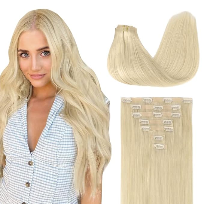 GOO GOO Clip in Hair Extensions Real Human Hair, Remy Human Hair Extensions Clip ins for Women, Natural Human Hair, 14inch 110g 7Pcs, 60A Platinum Blonde