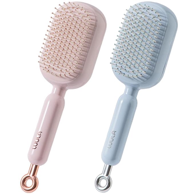 Retractable Cushion Massage Comb for Wet & Dry Hair, Anti-Static Self Cleaning Hair Brush for All Hair Types, Soft Bristles, Easy Eliminates Knots, Detangling Hairbrush for Women Men (Pink + Blue)