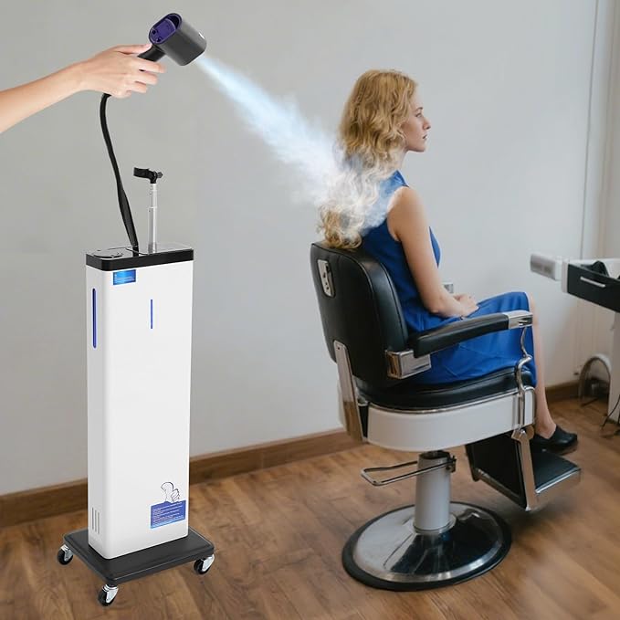 Nano Hair Steamer, 1300W Professional Micro-Mist Hair Steamer 9-Gear Adjustable, Floor Type 360° Rotation Universal Wheel for Hair Deep Care Hair Repair Salon Spa (White)