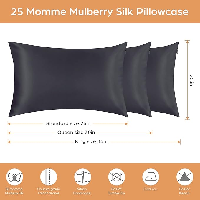 Silk Pillowcase for Hair and Skin, 2 Pack 100% Mulberry Silk Pillowcase 25 Momme, 600 Thread Count, Both Side Pure Silk Pillow Cover with Hidden Zipper (BlackGray, Standard 20''×26'')