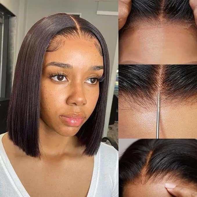 Wear and Go Glueless Bob Wig, 14 Inch, 180% Density, Human Hair, Natural Black, No Shedding, No Tangle, Adjustable Elastic Cap