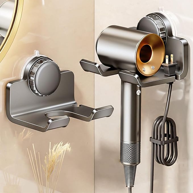 DBlosp Universal Hair Dryer Holder, Metal Suction Hair Tool Organizer Blow Dryer Holder Hair Dryer Holder Wall Mount with Plug&Cord Organizer (Black)