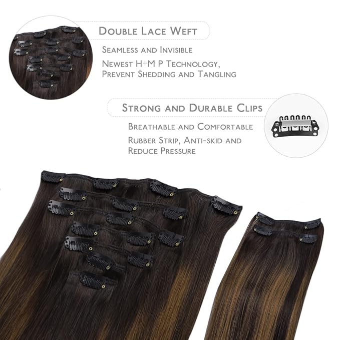 WENNALIFE Clip in Hair Extensions, 150g 22 Inch 9pcs Balayage Dark Brown to Chestnut Brown Remy Hair Thicker Double Weft Extensiones De Cabello Humano Con Clip Ins Straight Full Volume