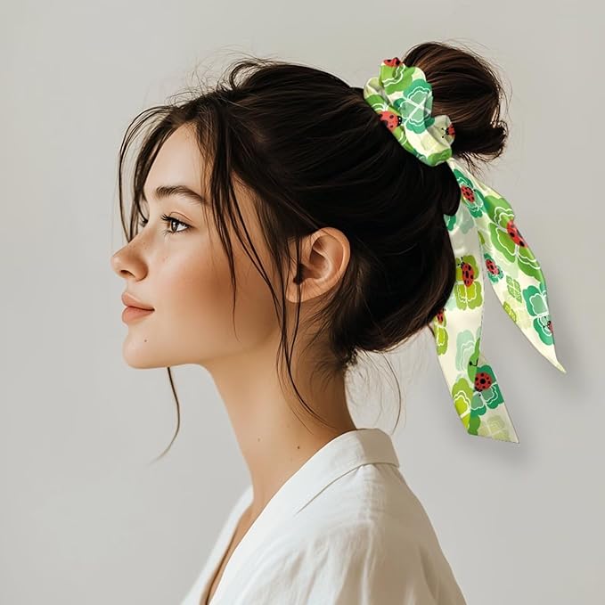 Ladybug Green Leaf Satin Hair Ties for Thin Hair Rainbow Pot of God Ribbon Hair Elastics for Girls 2 Piece St Patricks Day Scarf Scrunchies