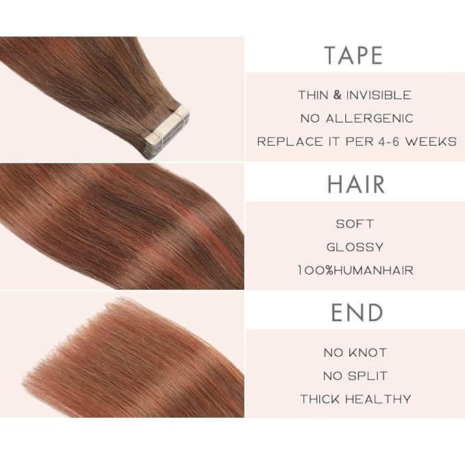 Tape in Hair Extensions Real Human Hair 24 Inch Chocolate Brown to Auburn Brown Double Sided Tape for Skin Weft Hair Extension Invisible Tape in Hair Extensions Human Hair 20pcs (#4/33/4,24 Inch)