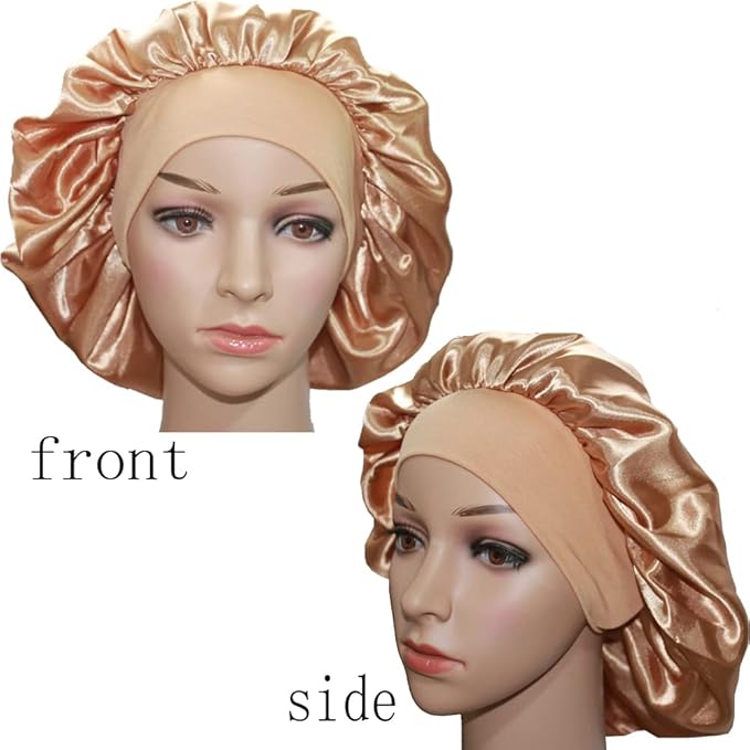 VEYRNEIC Hair Satin Bonnet for Sleeping Shower Caps Silk Chemo Caps with Wide Elastic Band Night Sleep Cap Bonnets for Black Women Braids with Satin Storage Bag (Gold)