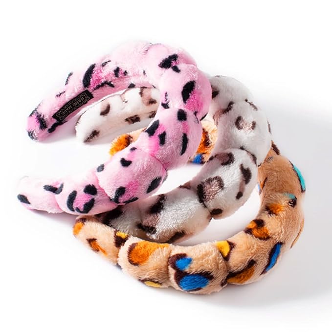 Spa Headbands for Washing Face or Makeup, Sponge Bubble Skincare Headbands, Puffy Terry Cloth Hairband for Women, Skin Care Makeup Headwear Hair Accessories for Girls (Leopard Brown)