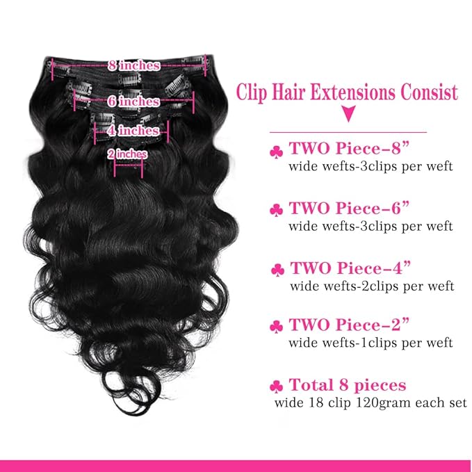 Body Wave Brazilian Clip in Hair Extensions Human Hair 8Pcs Remy Hair Extensions Clip ins for Black Women with 18Clips 120g (16inch, Natural Black)