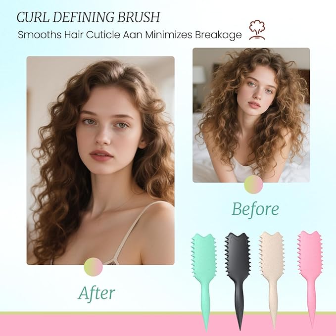 Curly Hair Brush Boar Bristles Curl Defining Brush With 2 Psc Silk Scrunchies Detangling Brush For Curly Hair Detangling Brush Styling Comb Curling Curling Brush (Green)
